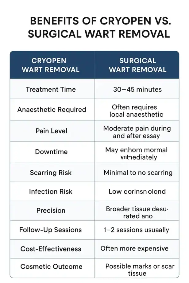 Table showing the benefits of cryopen to remove warts Tamworth compared to surgical treatment
